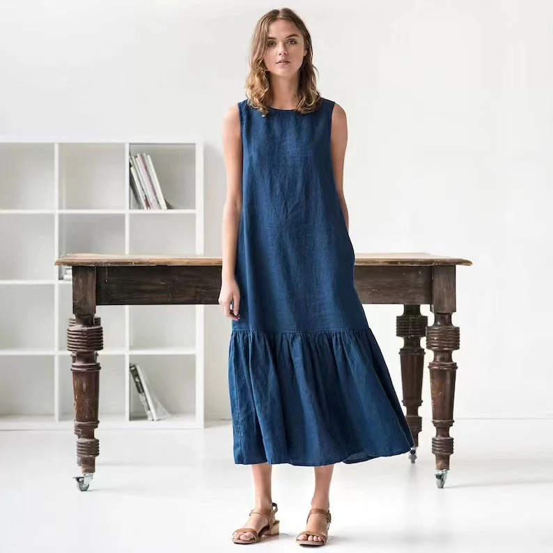 Ladies midi dress – Linenmix – Sleeveless – Loose fitting – Ruffledhem – Casual style - Image 4
