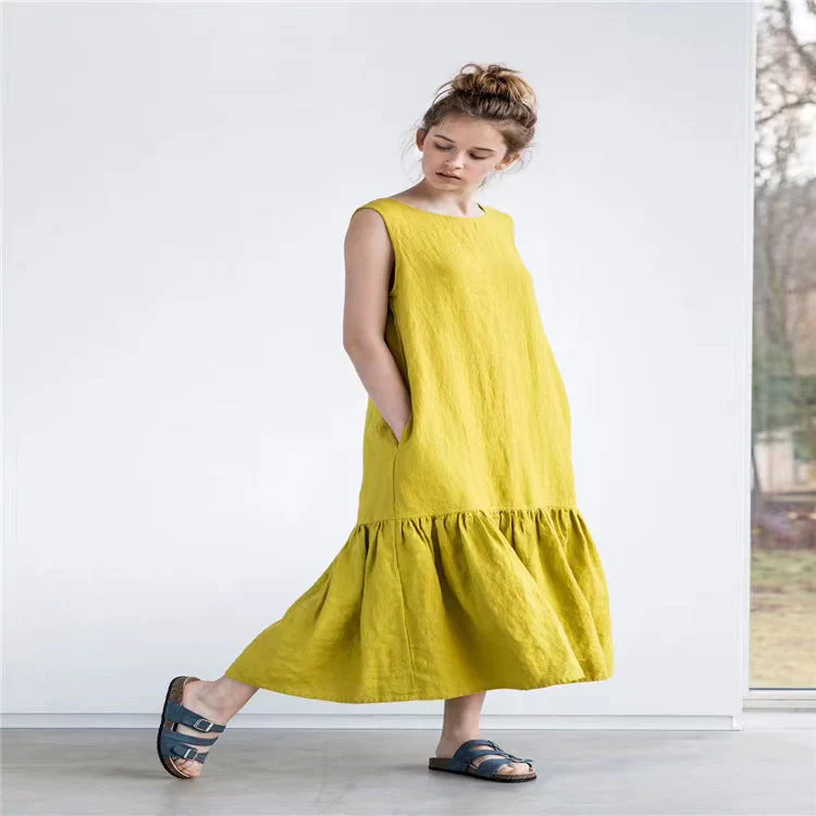 Ladies midi dress – Linenmix – Sleeveless – Loose fitting – Ruffledhem – Casual style - Image 5