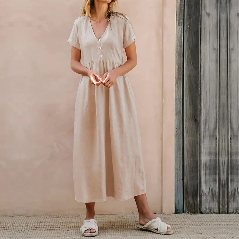 Women's Midi Dress – Loose Fit – Linen Cotton – V-Neck – Button Detail – Short Sleeve - Image 2
