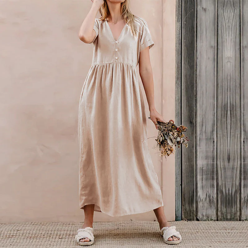 Women's Midi Dress – Loose Fit – Linen Cotton – V-Neck – Button Detail – Short Sleeve - Image 3