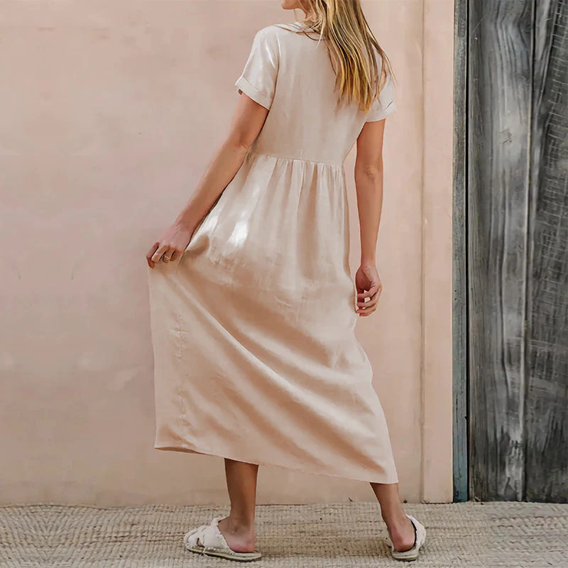 Women's Midi Dress – Loose Fit – Linen Cotton – V-Neck – Button Detail – Short Sleeve - Image 4
