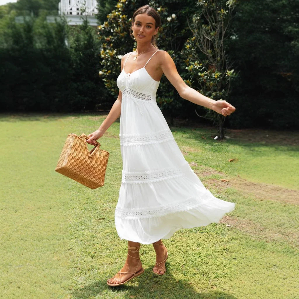 Women's Midi Dress – Airy Cotton – Flowy Fit – Spaghetti Straps – Lace Details - Image 2