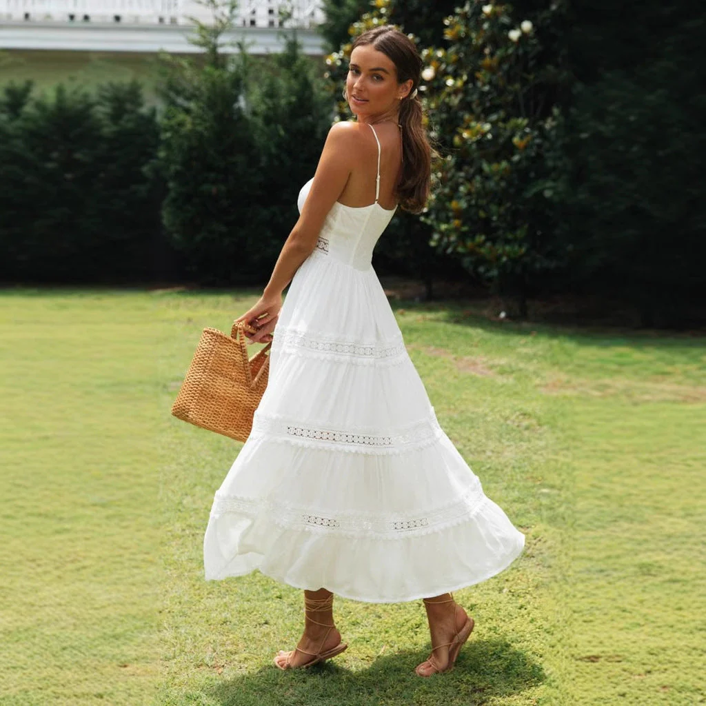 Women's Midi Dress – Airy Cotton – Flowy Fit – Spaghetti Straps – Lace Details - Image 3