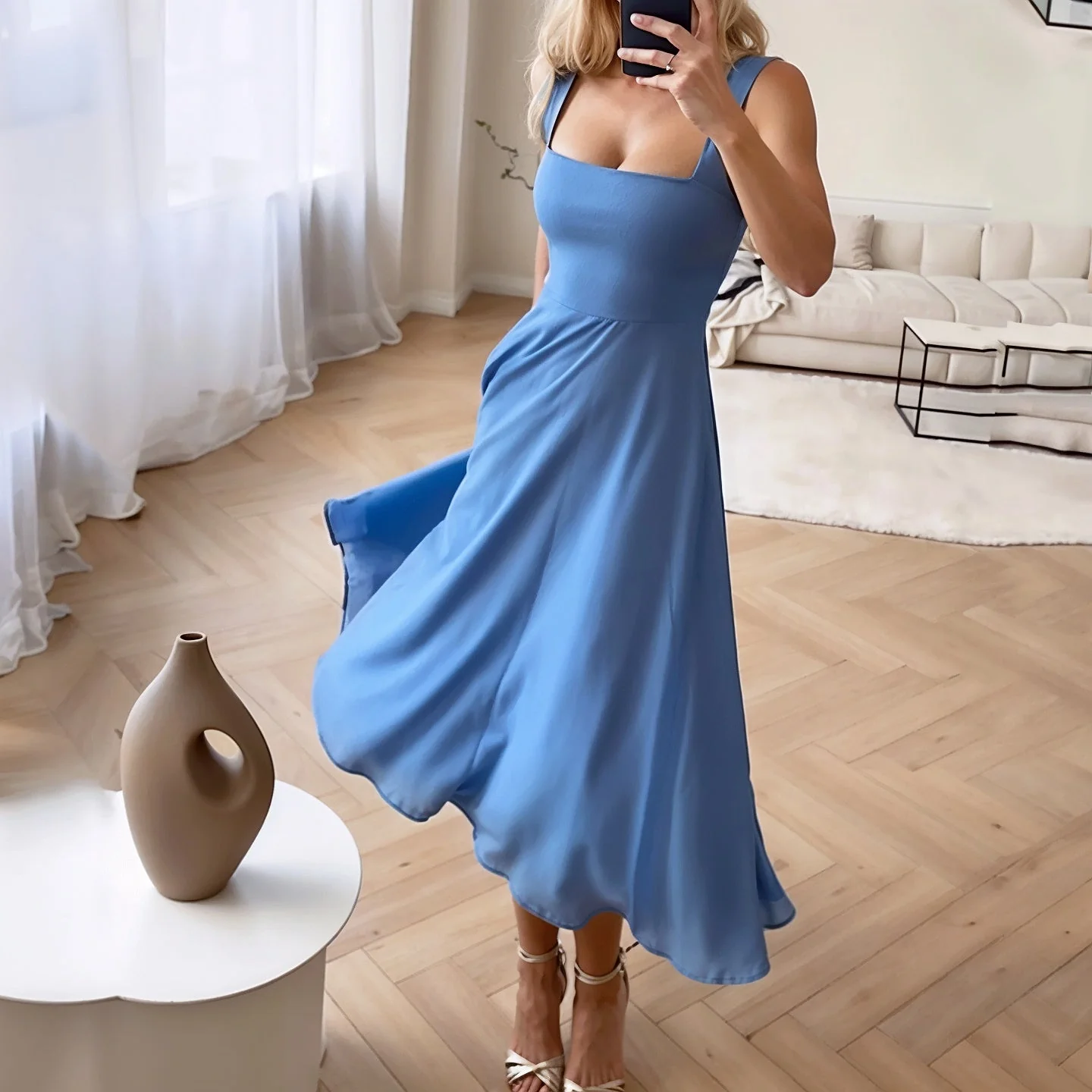Women's Midi Dress – Luxurious Shiny Fabric – Slim Fit – A-Line – Square Neckline - Image 2