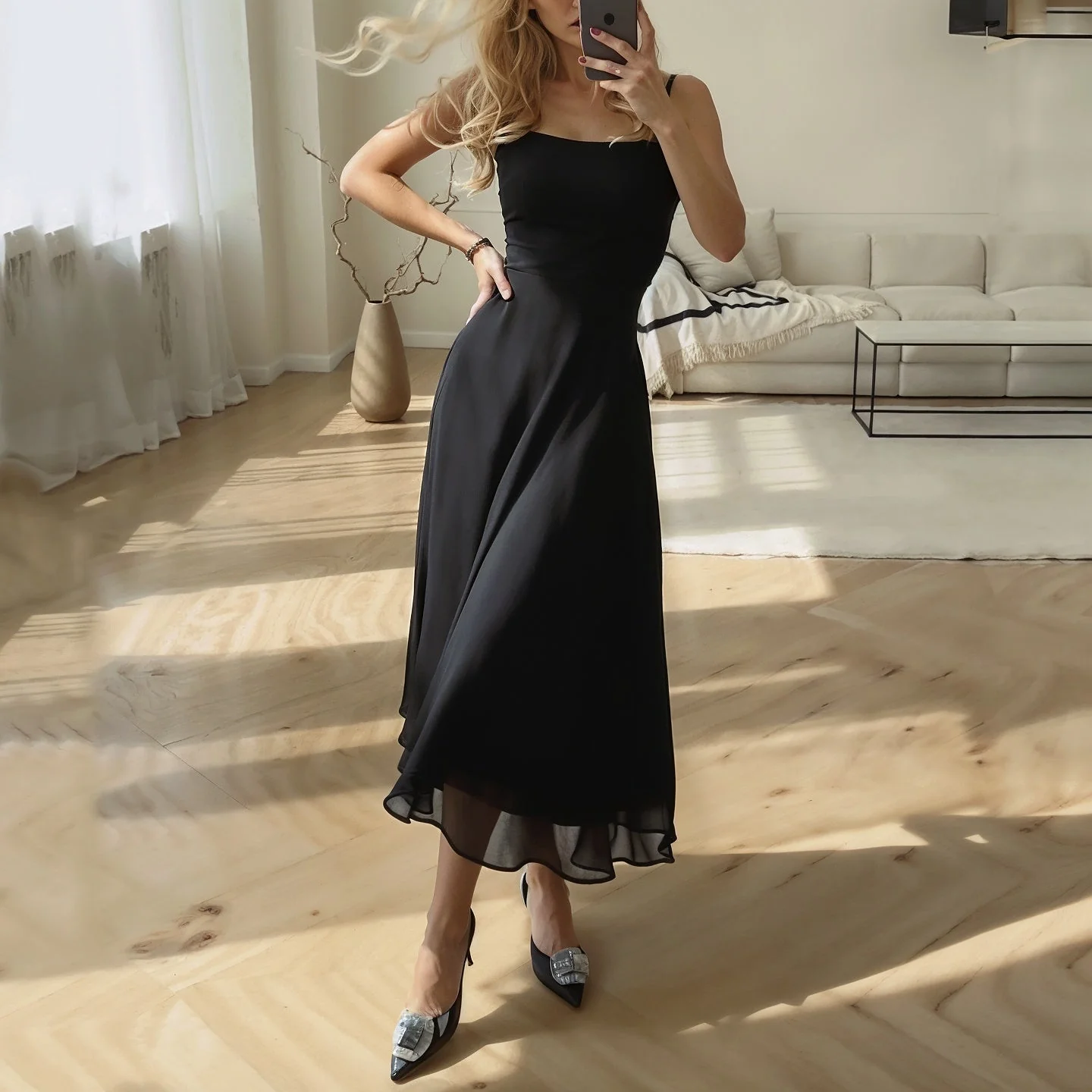 Women's Midi Dress – Luxurious Shiny Fabric – Slim Fit – A-Line – Square Neckline - Image 3