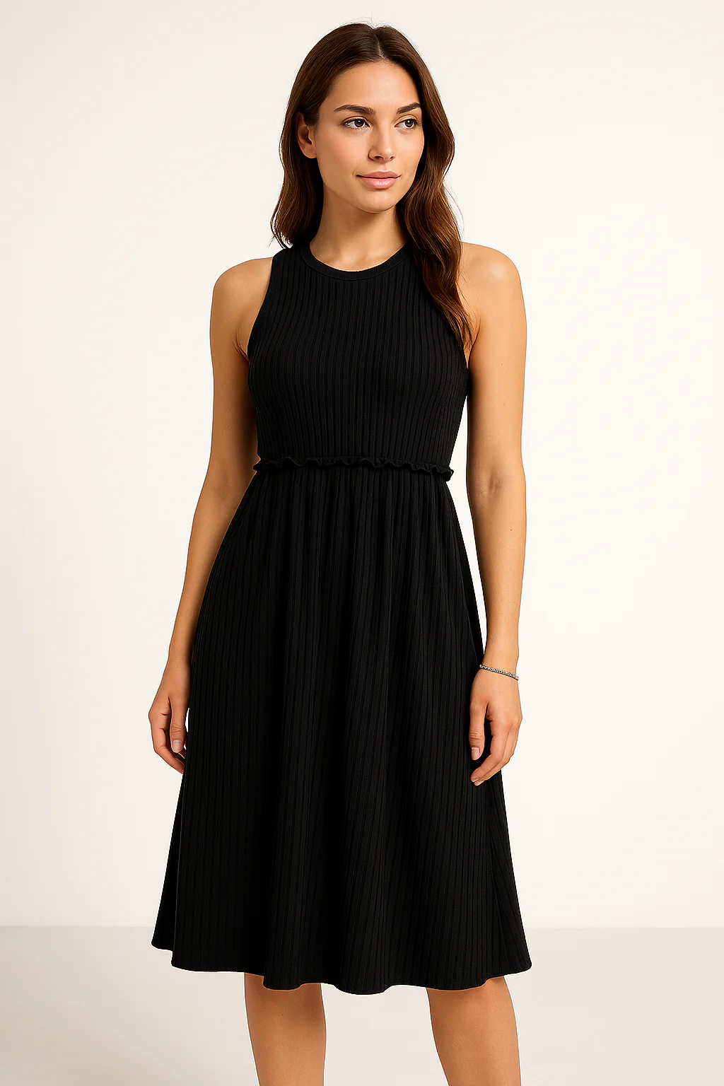 Ladies Midi Dress – Sleeveless A-line Model – V-neck – Button Closure – Waist Belt - Image 2
