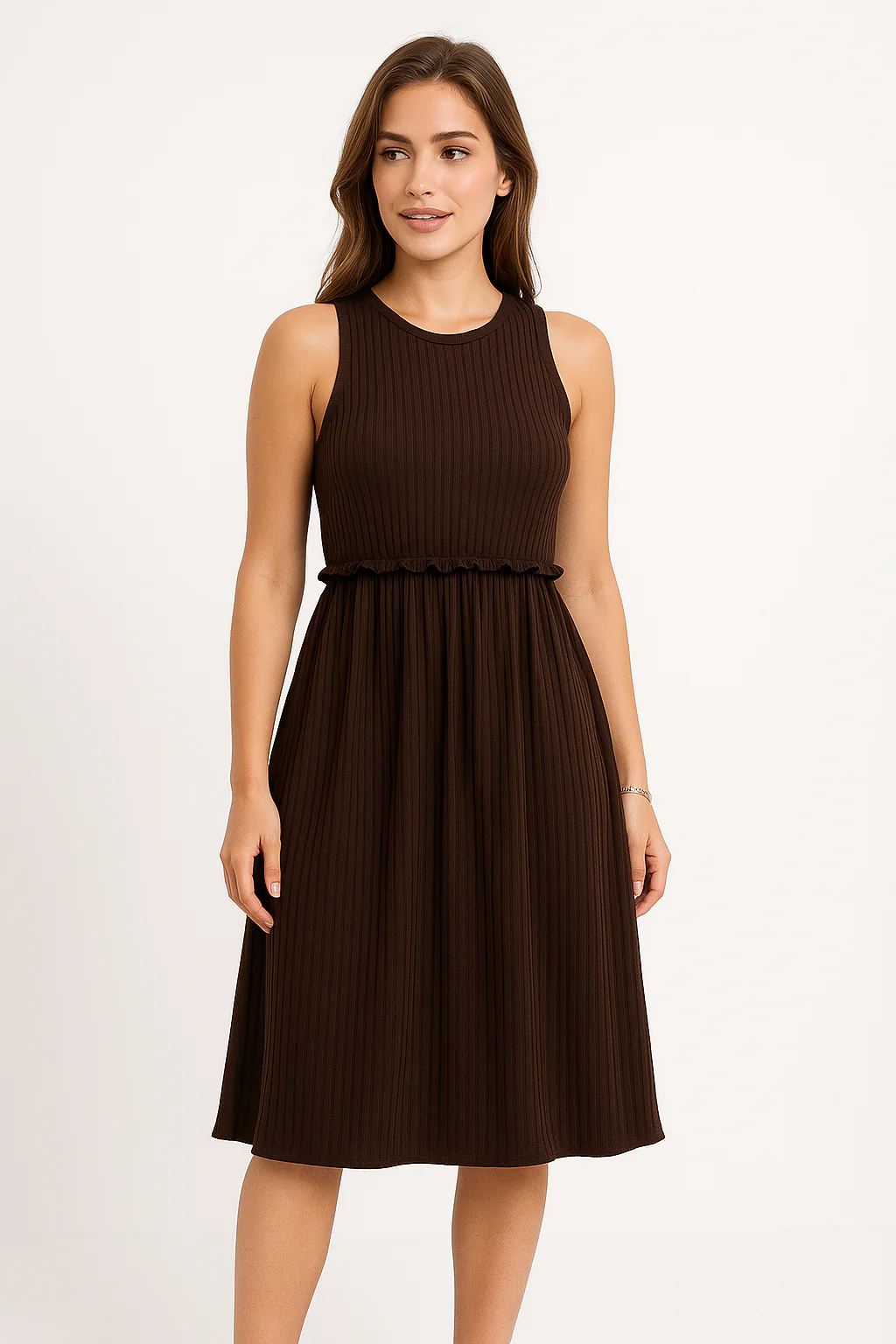 Ladies Midi Dress – Sleeveless A-line Model – V-neck – Button Closure – Waist Belt - Image 3