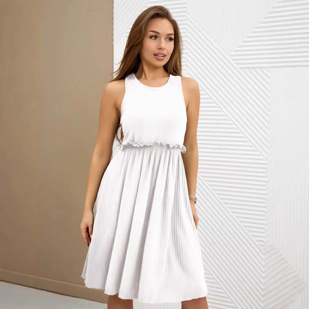 Ladies Midi Dress – Sleeveless A-line Model – V-neck – Button Closure – Waist Belt - Image 4