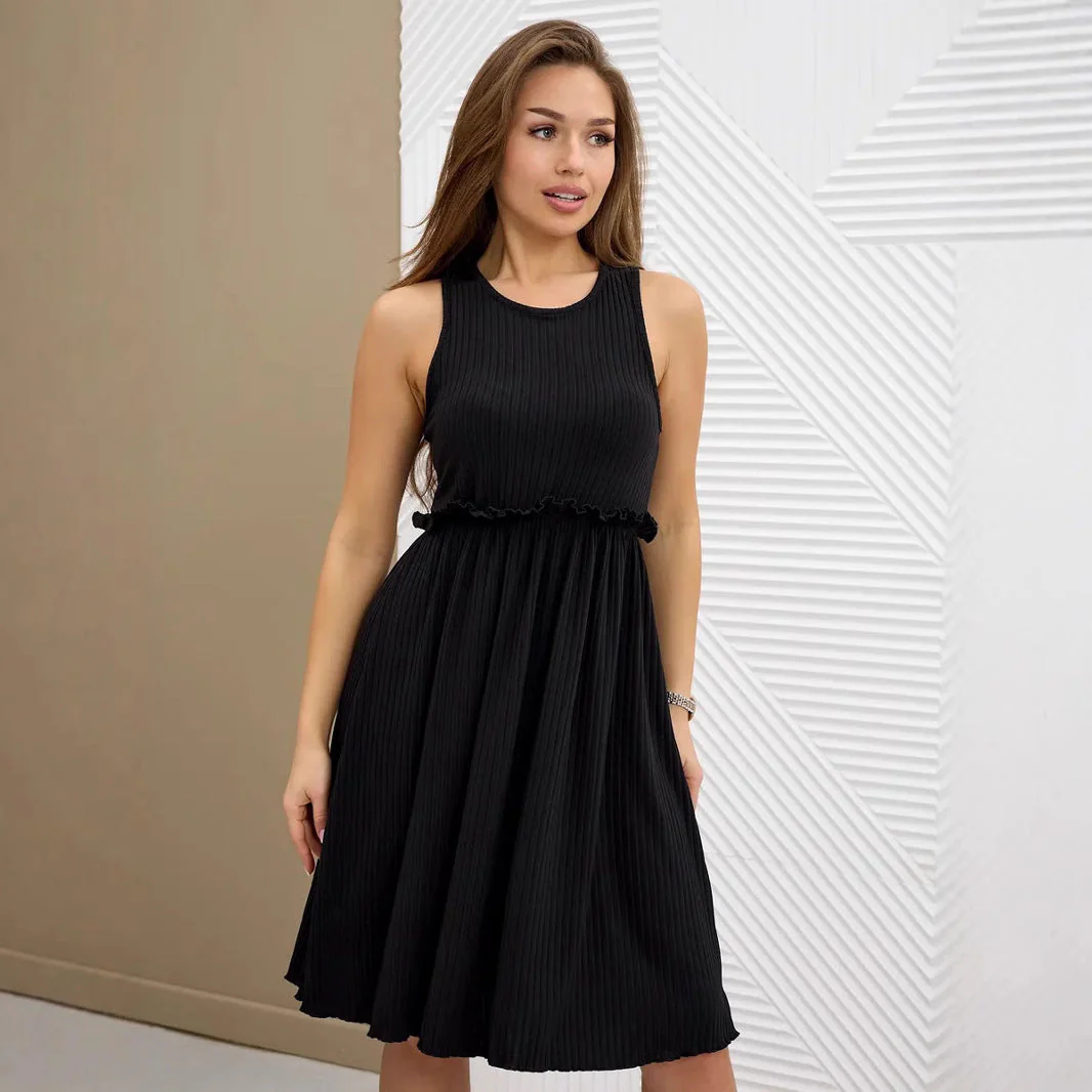 Ladies Midi Dress – Sleeveless A-line Model – V-neck – Button Closure – Waist Belt - Image 5