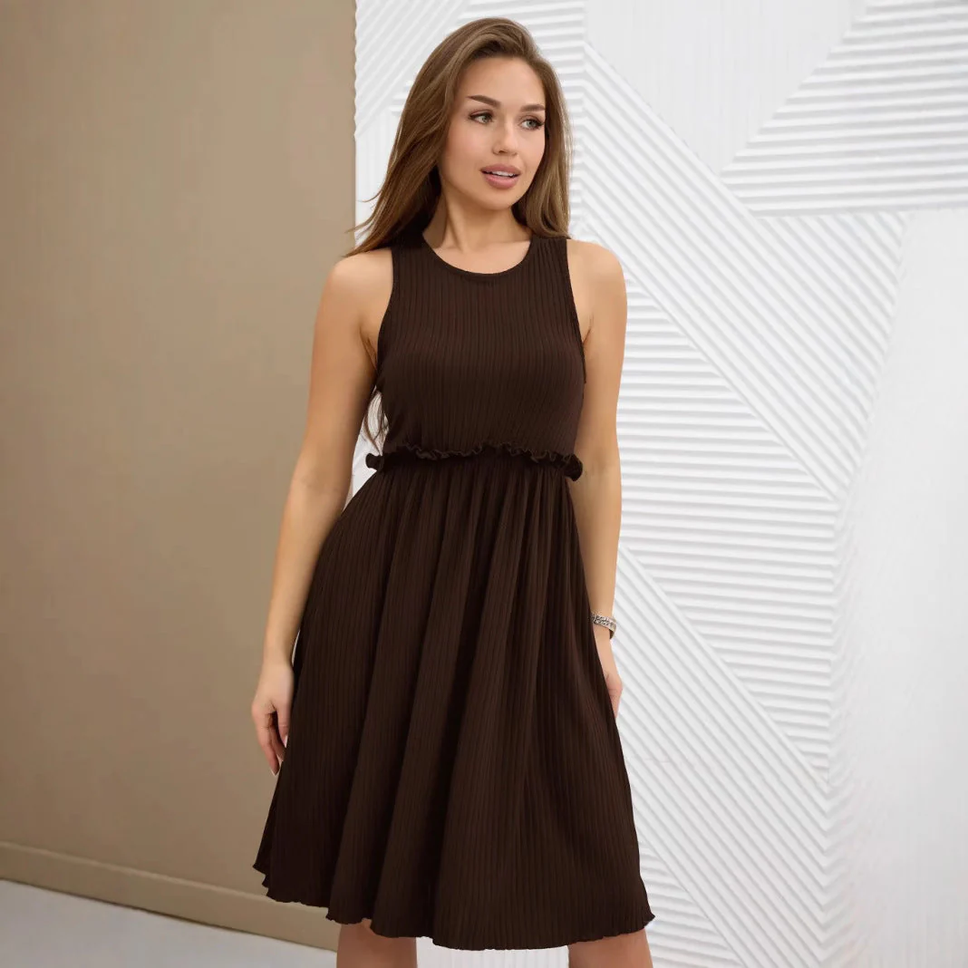 Ladies Midi Dress – Sleeveless A-line Model – V-neck – Button Closure – Waist Belt - Image 6