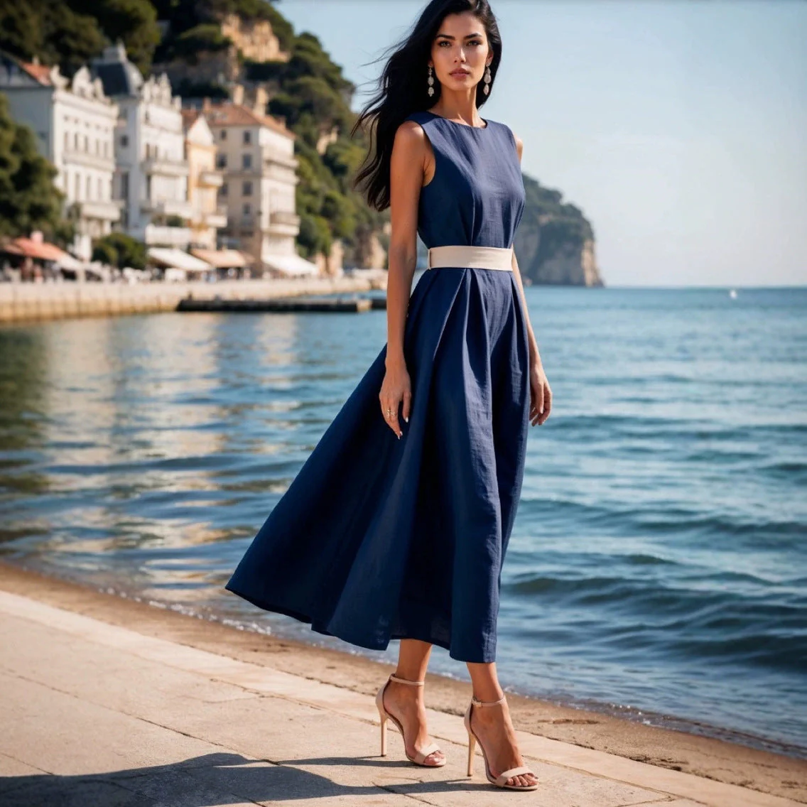 Ladies Midi Dress – Sleeveless Fit and Flare – Waist Ribbing – Airy Natural Fabric - Image 2