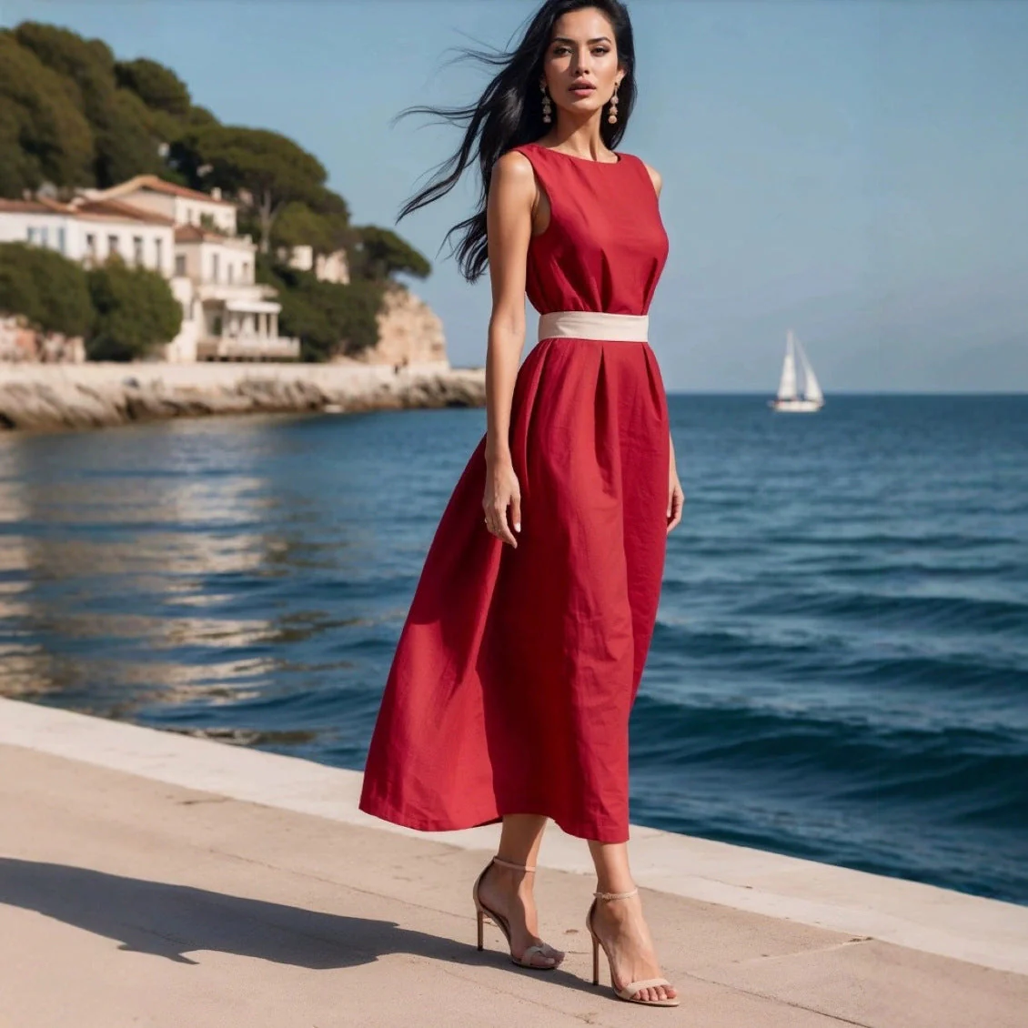 Ladies Midi Dress – Sleeveless Fit and Flare – Waist Ribbing – Airy Natural Fabric - Image 3