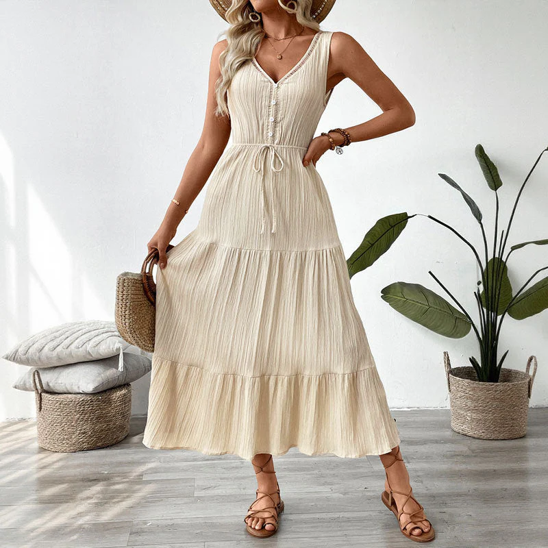 Women's Midi Dress – Sleeveless – V-Neck – Relaxed Fit – Buttons – Layered Skirt - Image 2