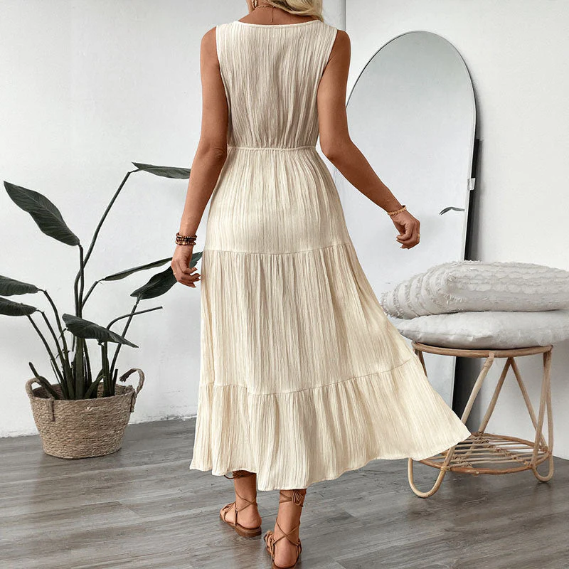 Women's Midi Dress – Sleeveless – V-Neck – Relaxed Fit – Buttons – Layered Skirt - Image 4