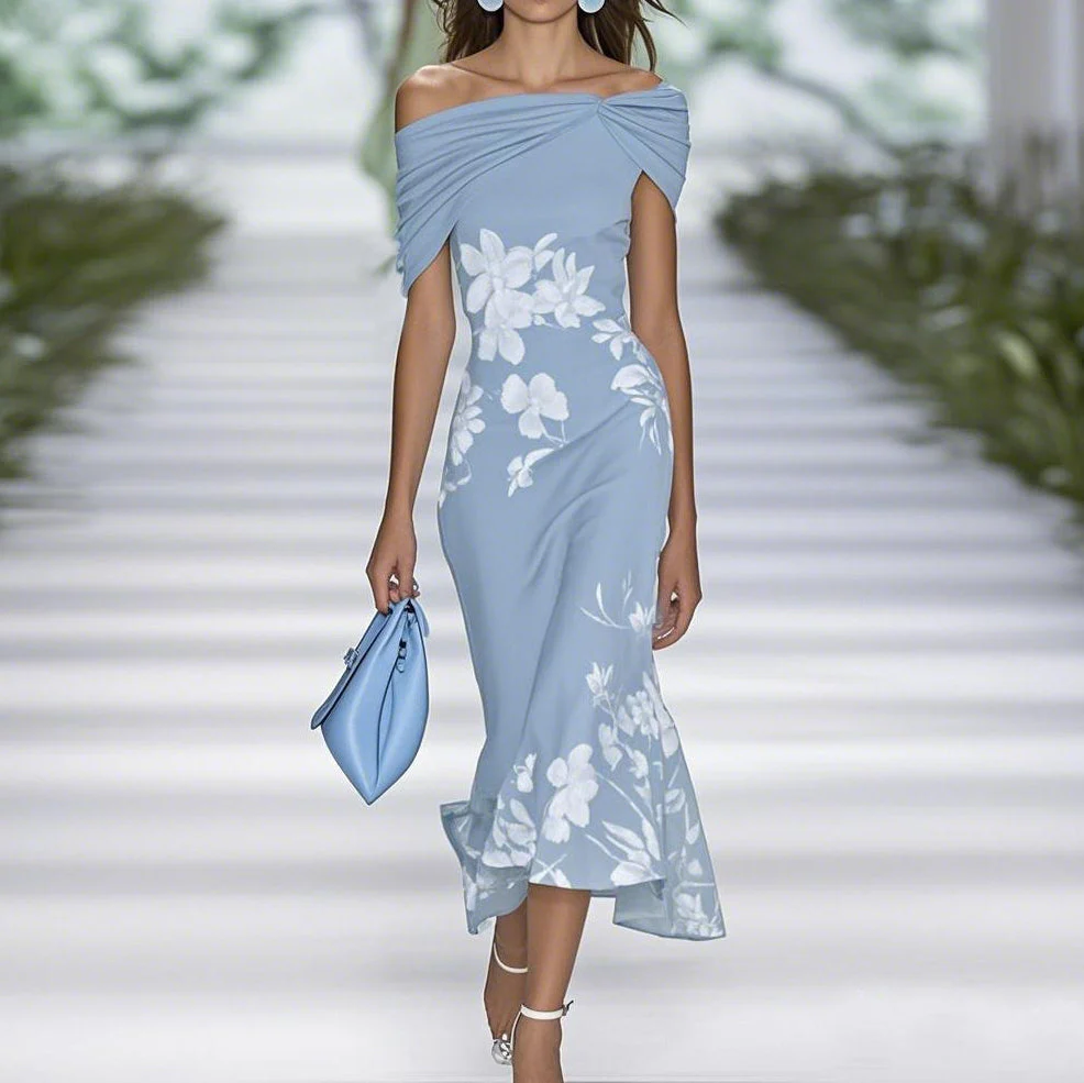 Women's Midi Dress – Off Shoulder – Figure-hugging – Floral Print – Breathable Material - Image 2