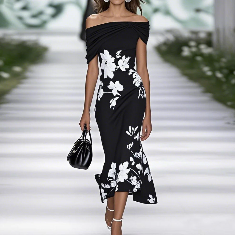 Women's Midi Dress – Off Shoulder – Figure-hugging – Floral Print – Breathable Material - Image 3