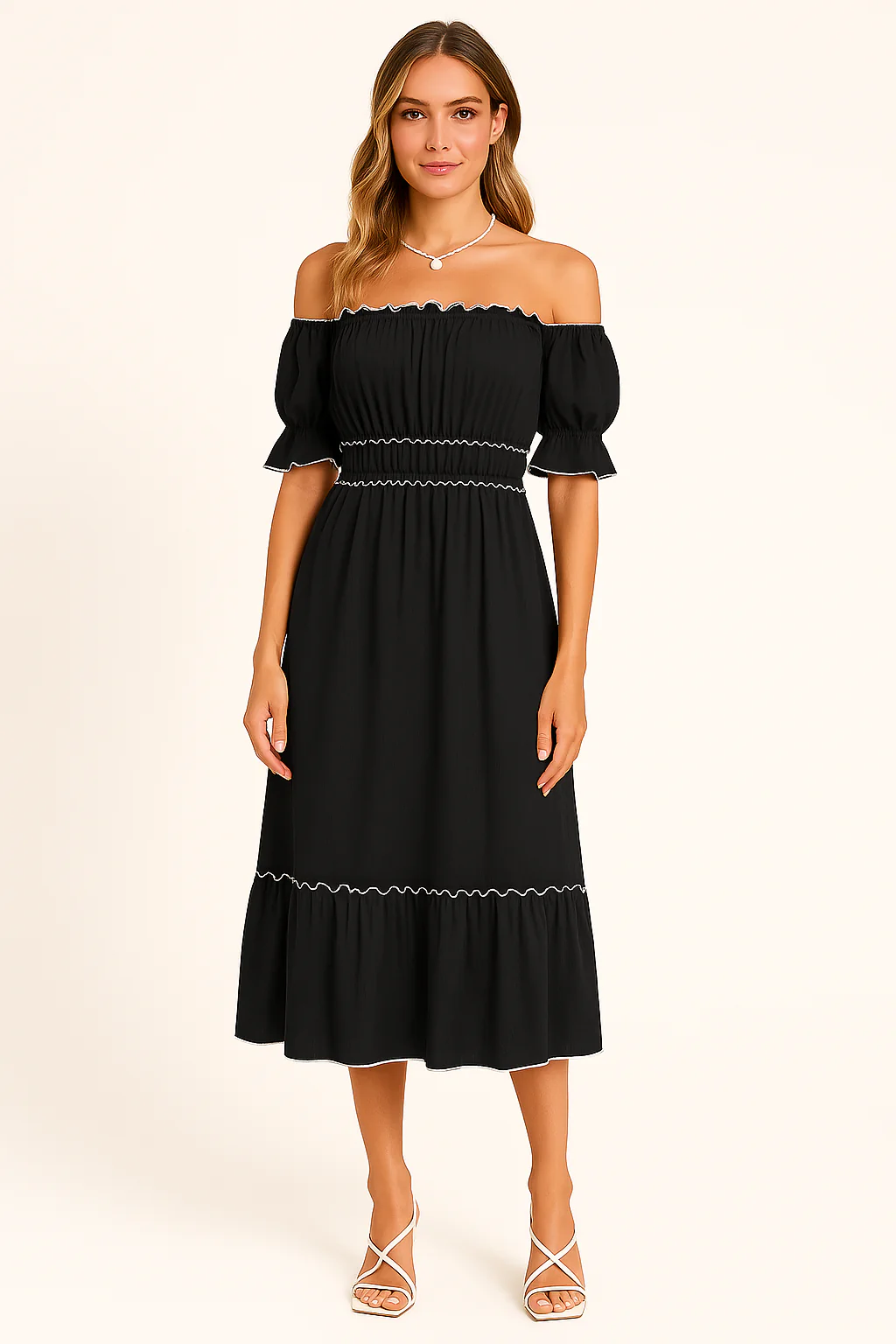 Ladies Midi Dress – Off-Shoulder – Ruffled Hem – Boho Fit – Cotton Mix - Image 2