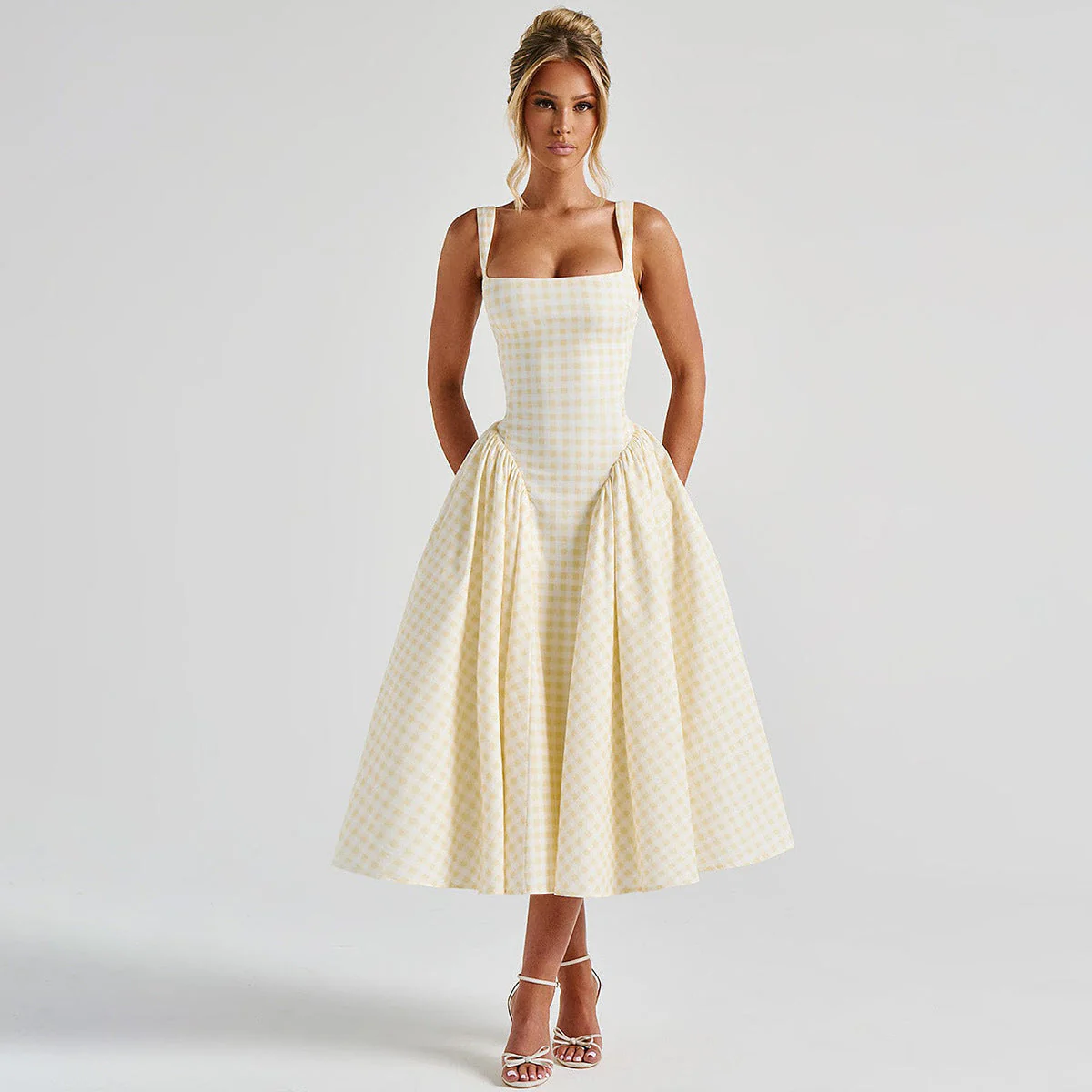 Women's midi dress – Princess line – Square neckline – Spaghetti straps – Diamond pattern - Image 2