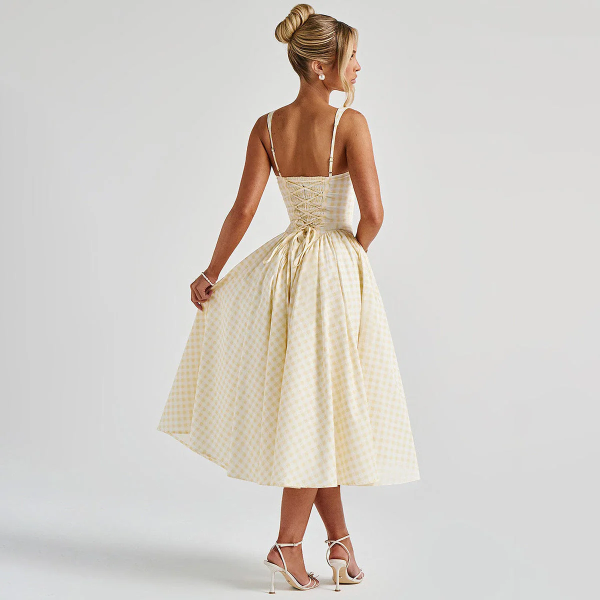 Women's midi dress – Princess line – Square neckline – Spaghetti straps – Diamond pattern - Image 5