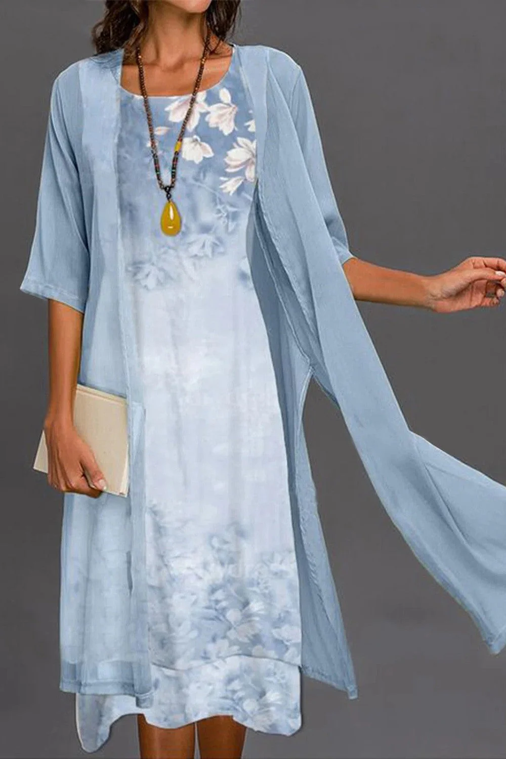 Women's midi-dress β Relaxed fit β Floral print β Sheer overlay β Half sleeve