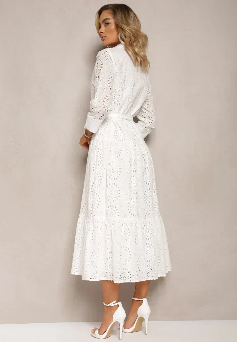 Women's midi-dress – Relaxed fit – Embroidered details – Waist belt – Button closure - Image 2