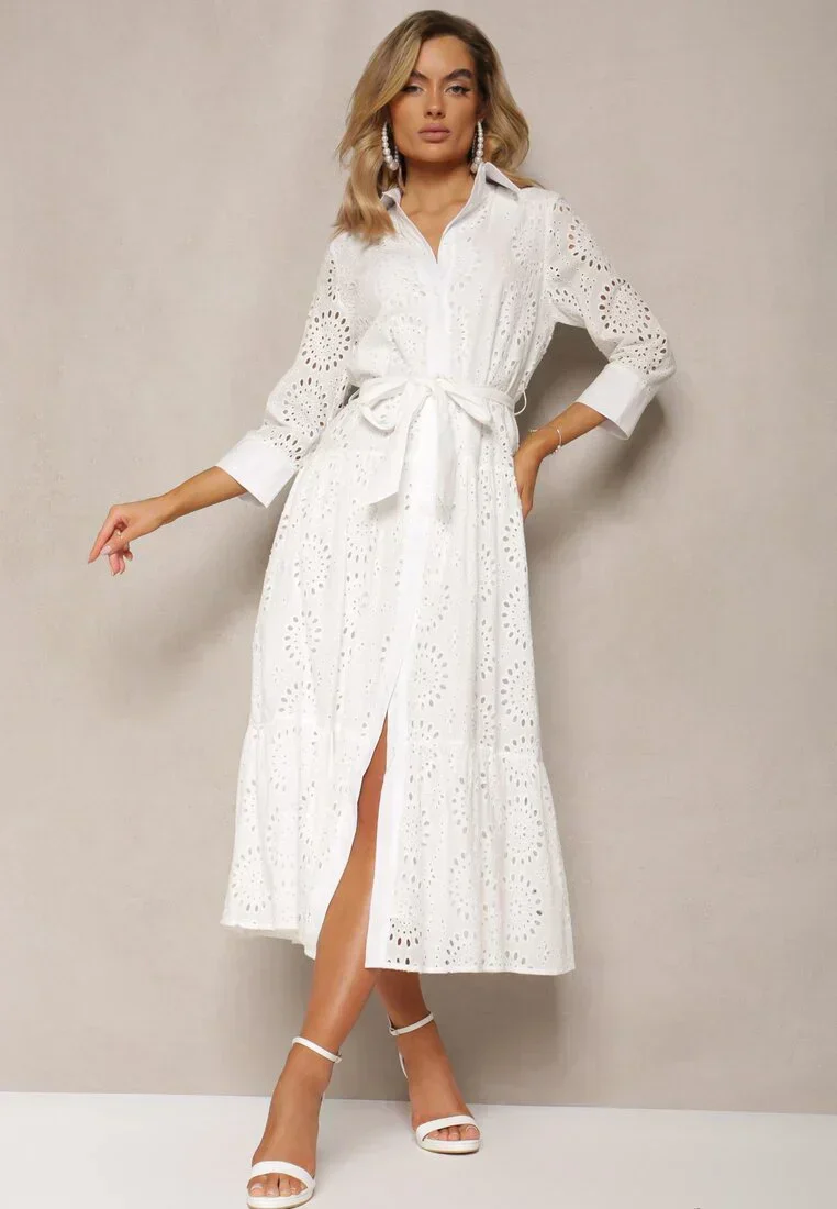 Women's midi-dress – Relaxed fit – Embroidered details – Waist belt – Button closure - Image 3