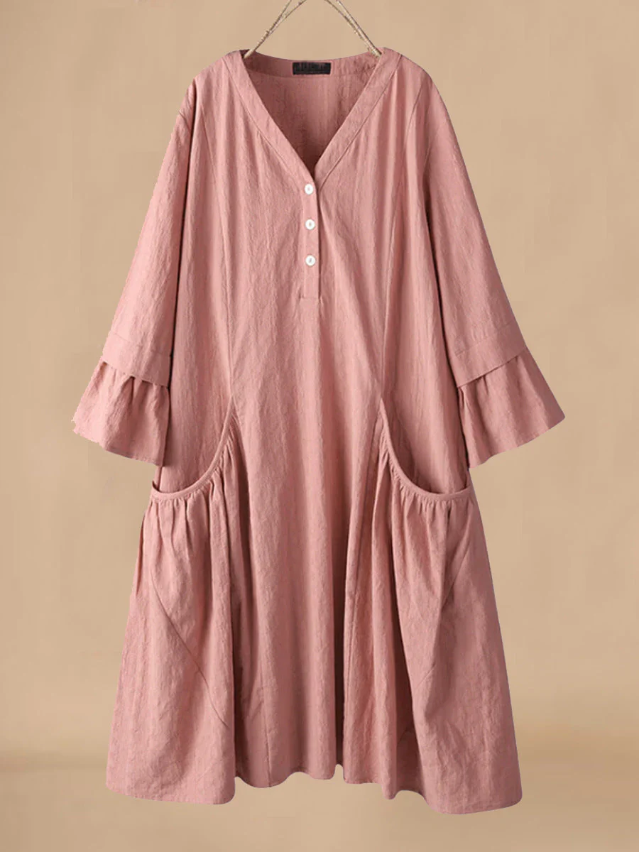 Women's Midi Dress – Relaxed Fit – Flared Sleeves – V-Neck – Breathable Fabric – Pockets - Image 2