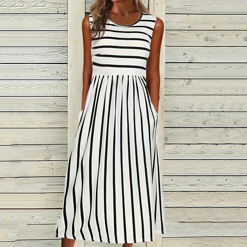 Women's Midi Dress – Relaxed Fit – Striped – Naturally Breathable – With Pockets - Image 2