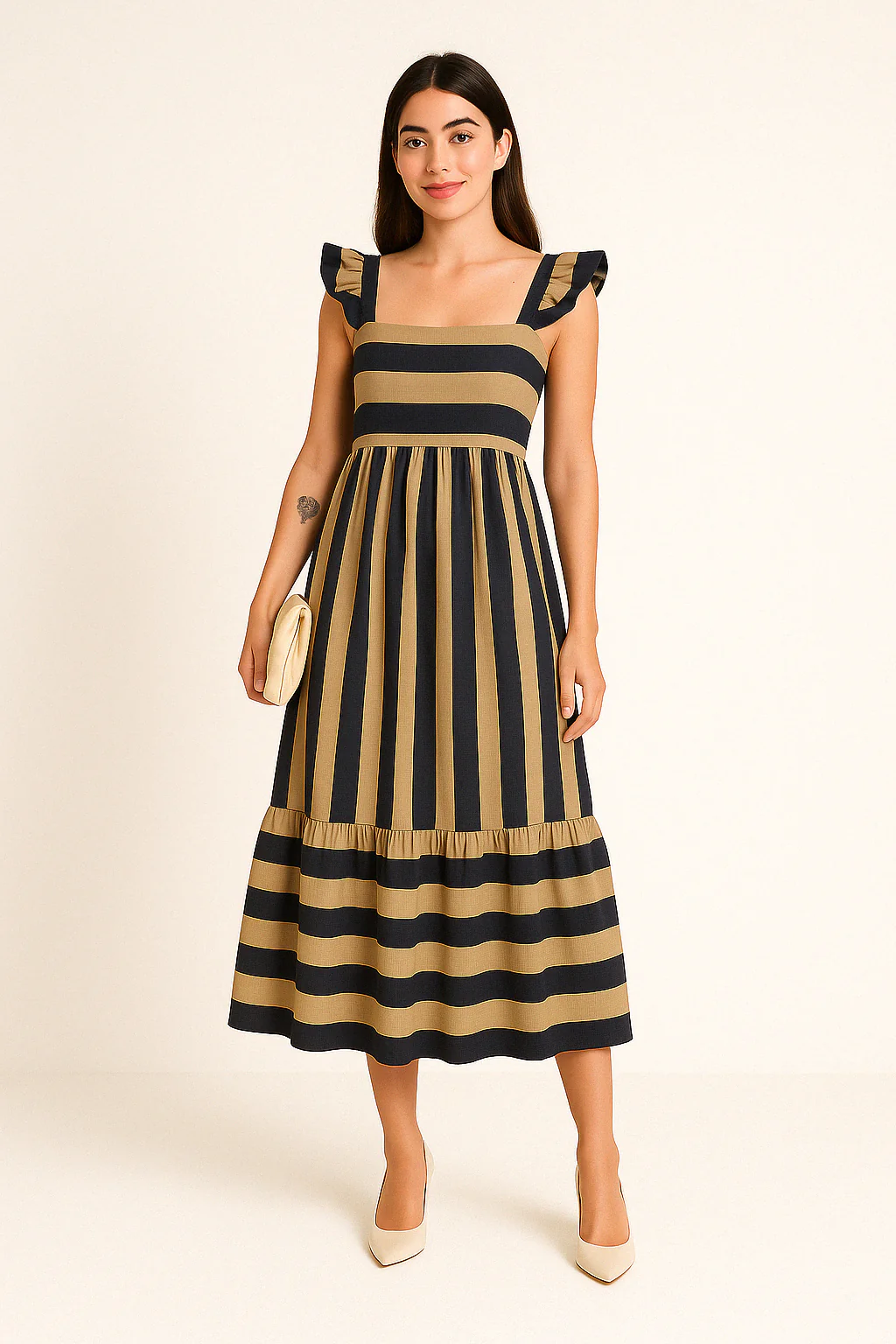 Ladies Midi Dress – Relaxed Fit – Cotton Blend – A-line – Striped – Ruffle Straps - Image 2