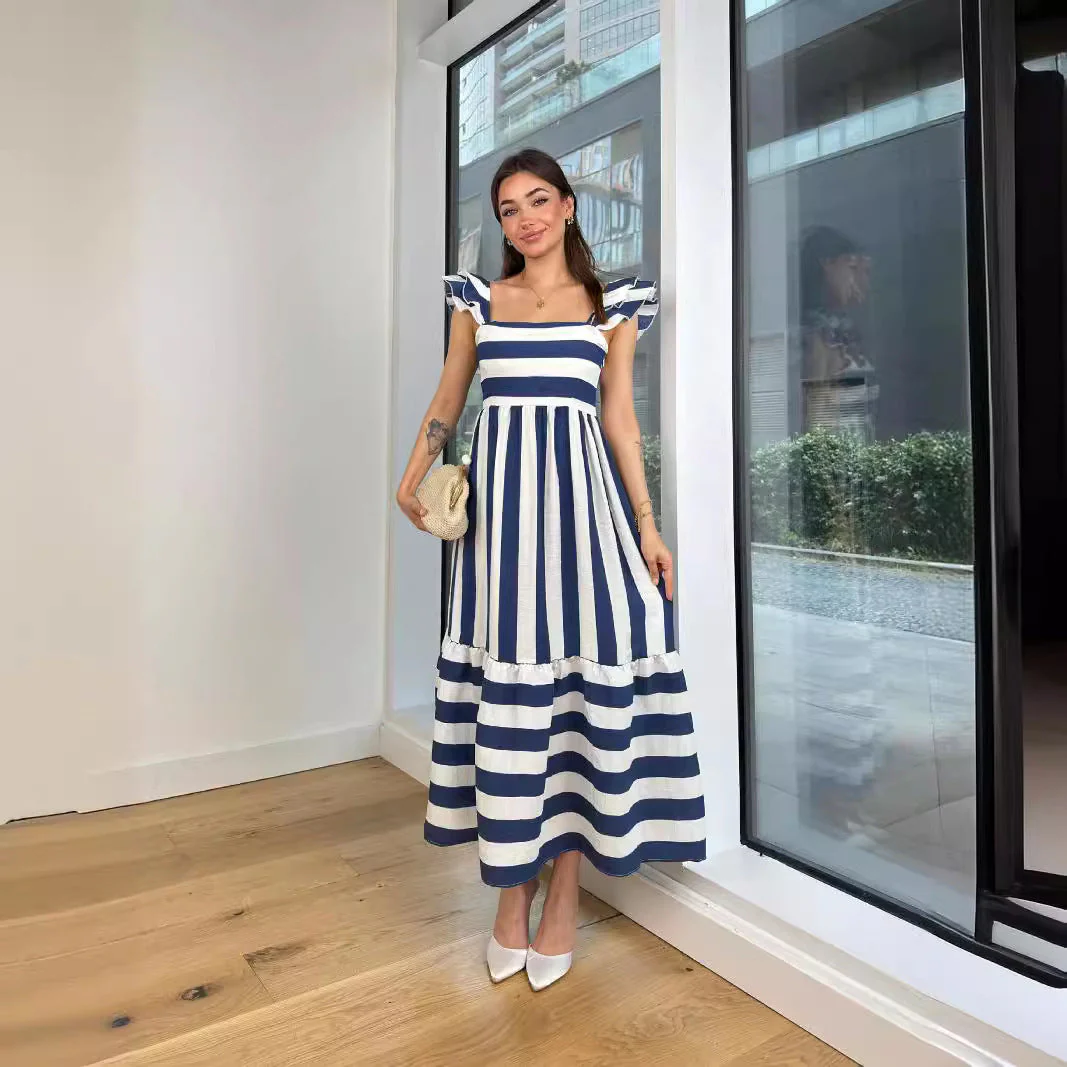 Ladies Midi Dress – Relaxed Fit – Cotton Blend – A-line – Striped – Ruffle Straps - Image 3