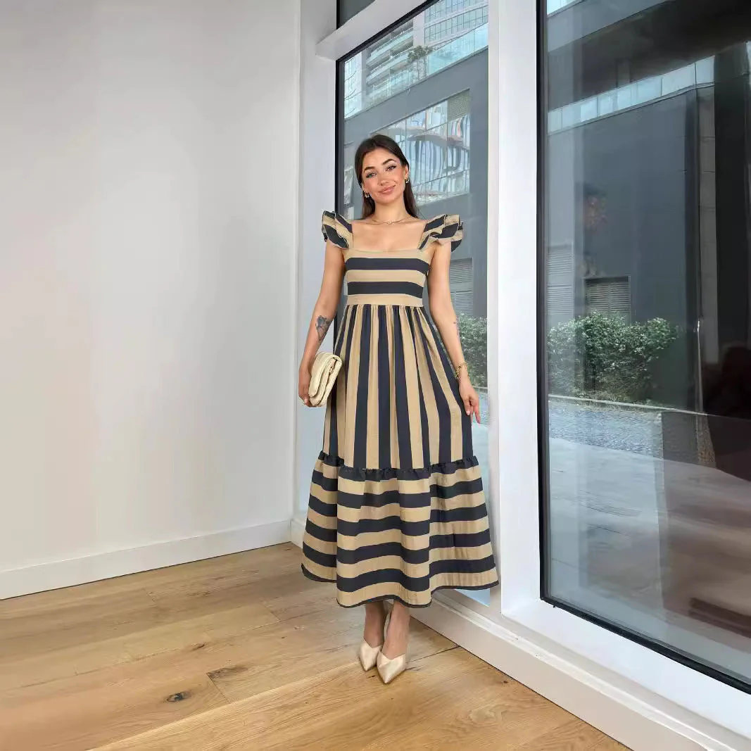 Ladies Midi Dress – Relaxed Fit – Cotton Blend – A-line – Striped – Ruffle Straps - Image 4