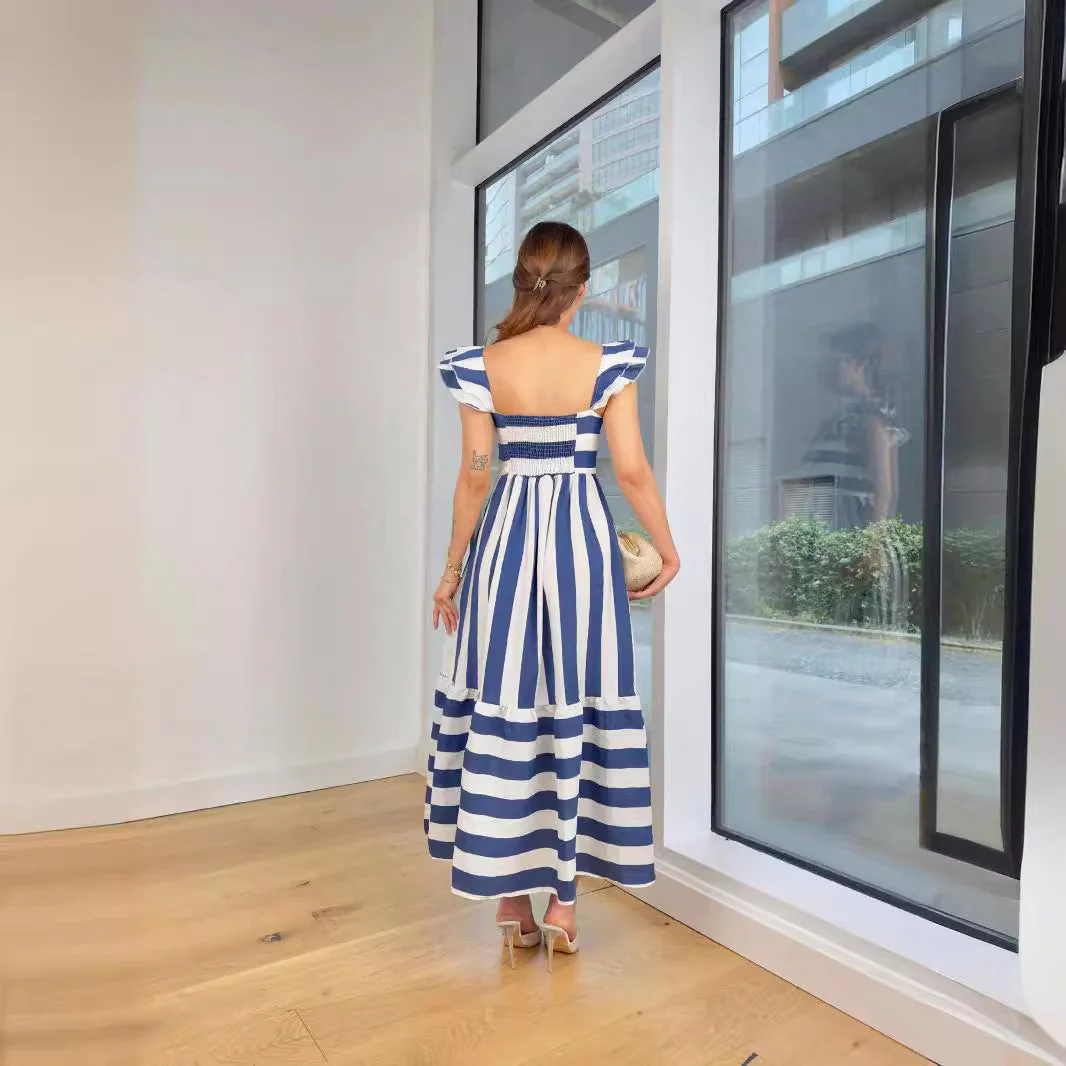 Ladies Midi Dress – Relaxed Fit – Cotton Blend – A-line – Striped – Ruffle Straps - Image 5