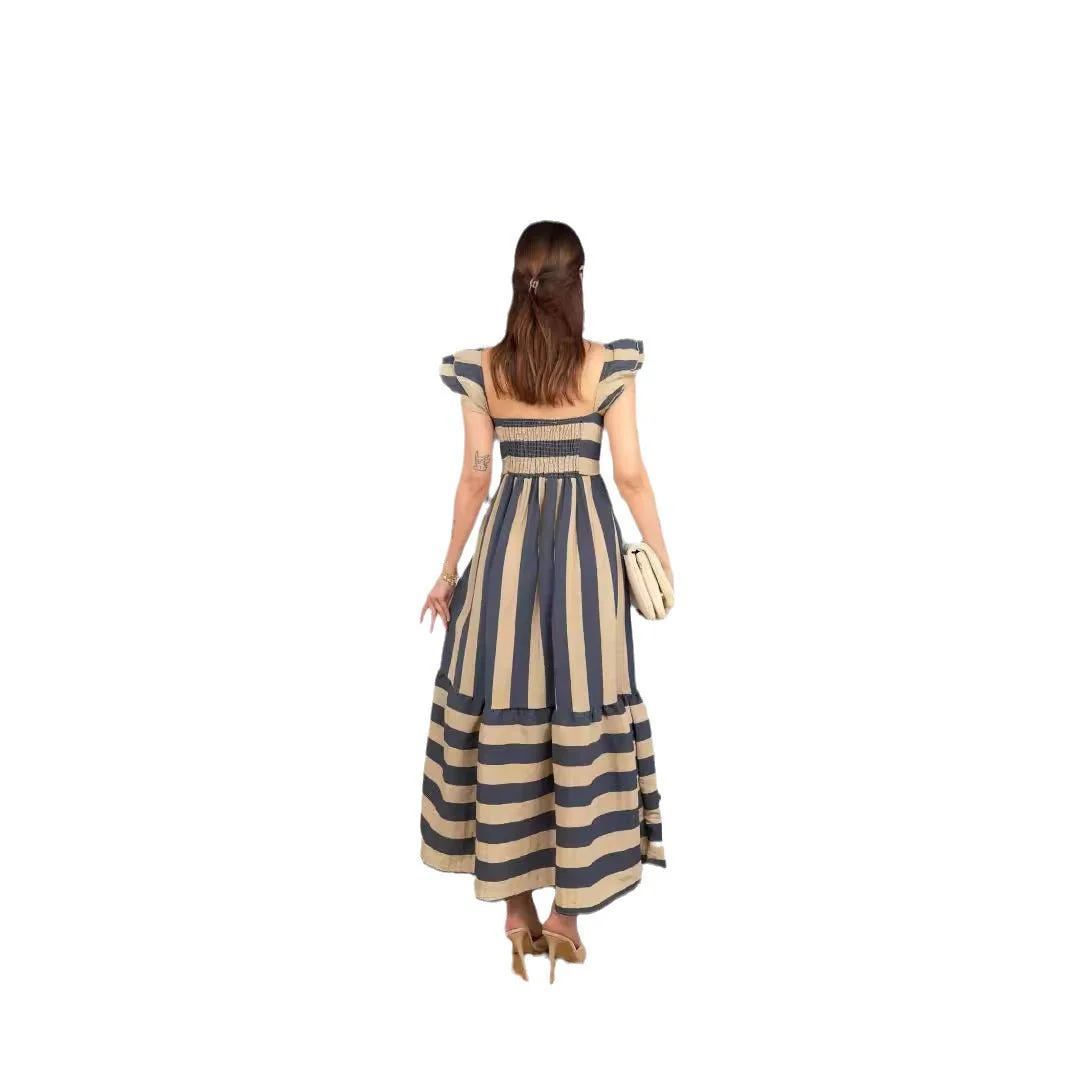 Ladies Midi Dress – Relaxed Fit – Cotton Blend – A-line – Striped – Ruffle Straps - Image 6