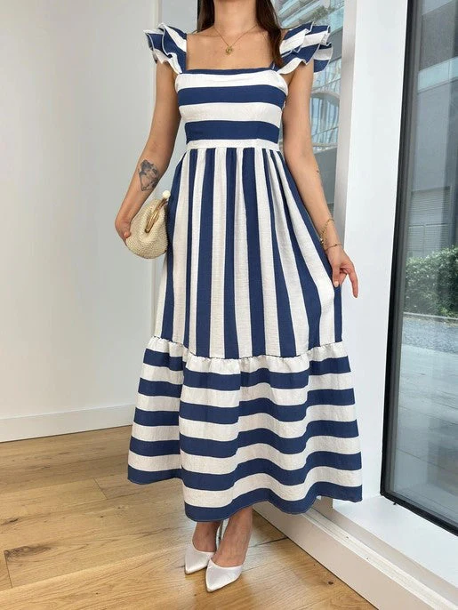 Ladies Midi Dress – Relaxed Fit – Cotton Blend – A-line – Striped – Ruffle Straps - Image 7