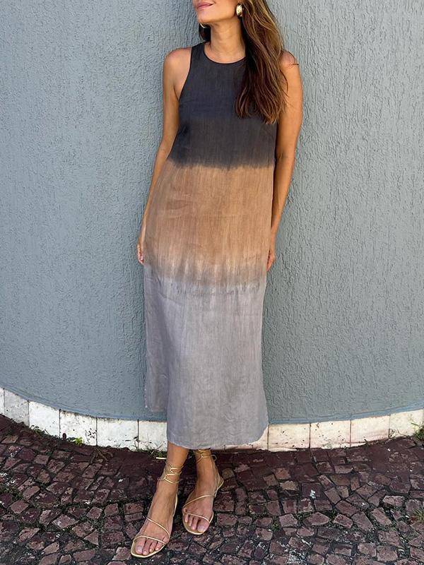 Ladies Midi Dress – Relaxed Fit – Sleeveless – Natural Fabrics – Side Slit – Gradient Design - Image 2