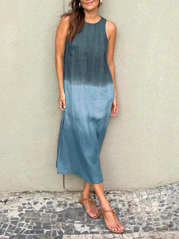 Ladies Midi Dress – Relaxed Fit – Sleeveless – Natural Fabrics – Side Slit – Gradient Design - Image 4