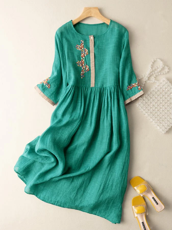 Women's Midi Dress – Relaxed Fit – Natural Fabrics – Embroidered – 3/4 Sleeve – Button Neckline - Image 2