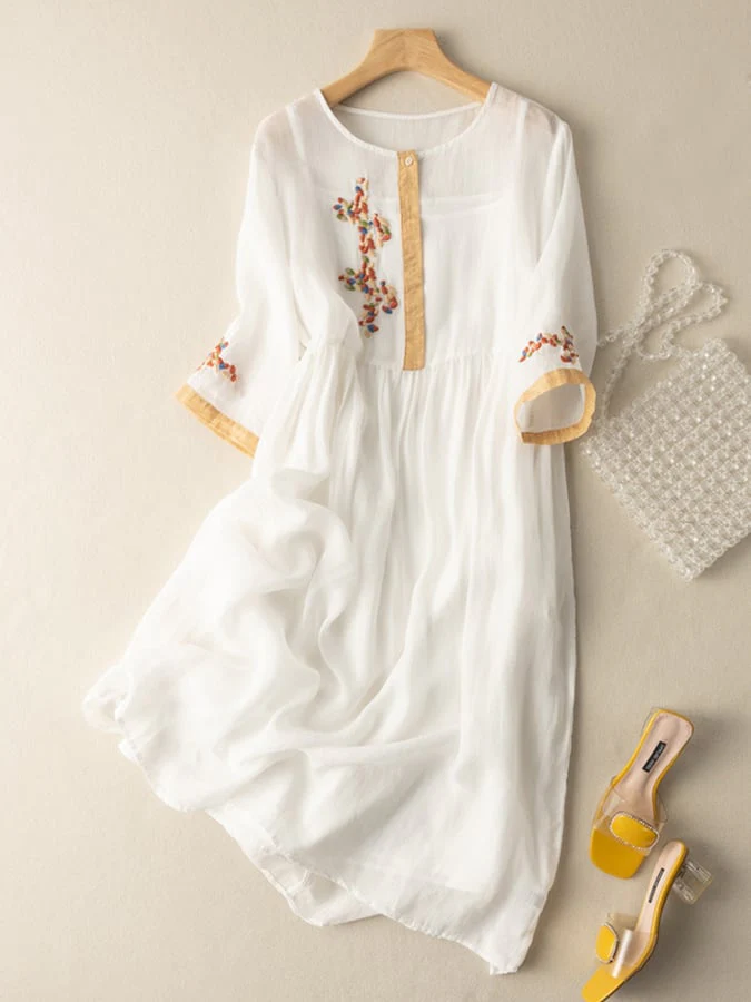 Women's Midi Dress – Relaxed Fit – Natural Fabrics – Embroidered – 3/4 Sleeve – Button Neckline - Image 3