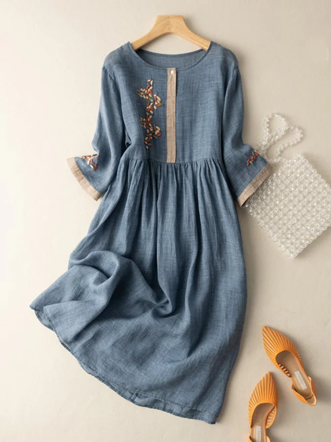 Women's Midi Dress – Relaxed Fit – Natural Fabrics – Embroidered – 3/4 Sleeve – Button Neckline - Image 4