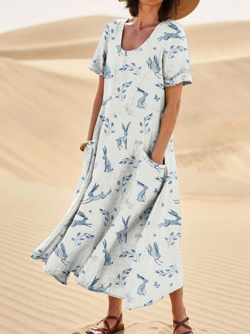 Women's midi dress – Relaxed fit – Natural fibers – Short sleeve – Print – With pockets - Image 2