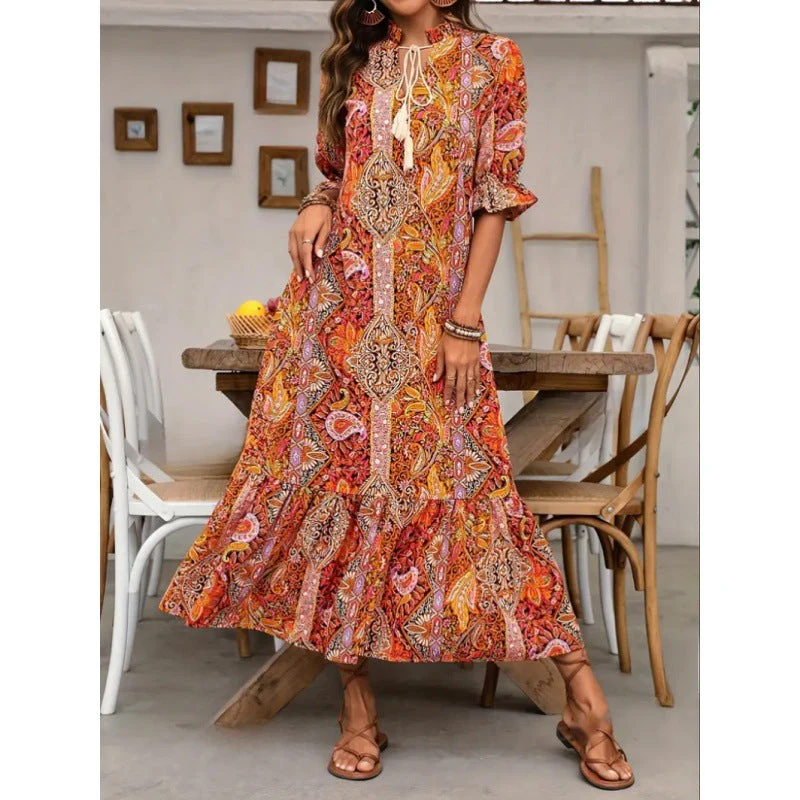 Ladies midi dress – Relaxed fit – Ruffled sleeves – Boho print – Tie neckline - Image 2
