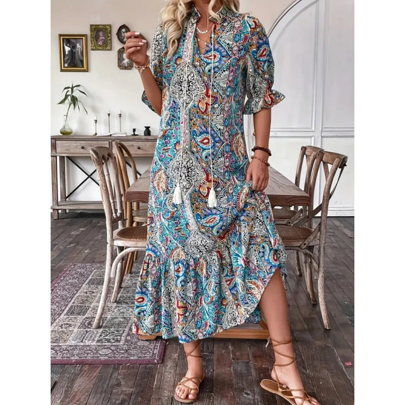 Ladies midi dress – Relaxed fit – Ruffled sleeves – Boho print – Tie neckline - Image 3