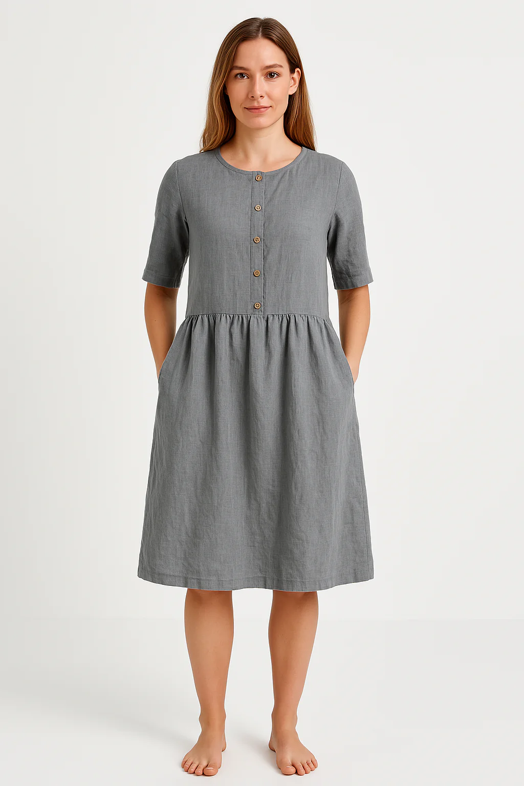 Women's Midi Dress – Relaxed Fit – Breathable Fabric – Button Closure – With Pockets - Image 3
