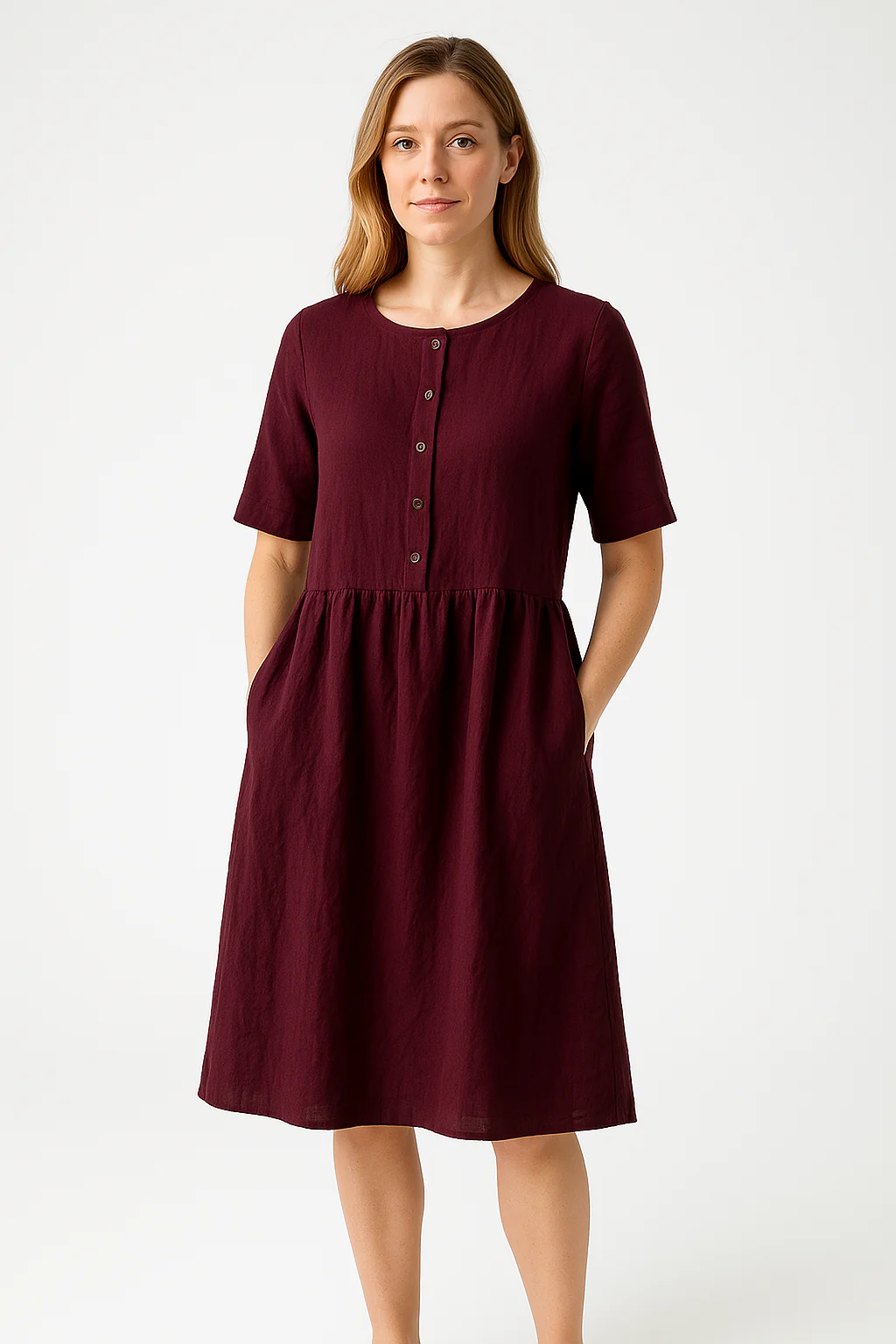 Women's Midi Dress – Relaxed Fit – Breathable Fabric – Button Closure – With Pockets - Image 4
