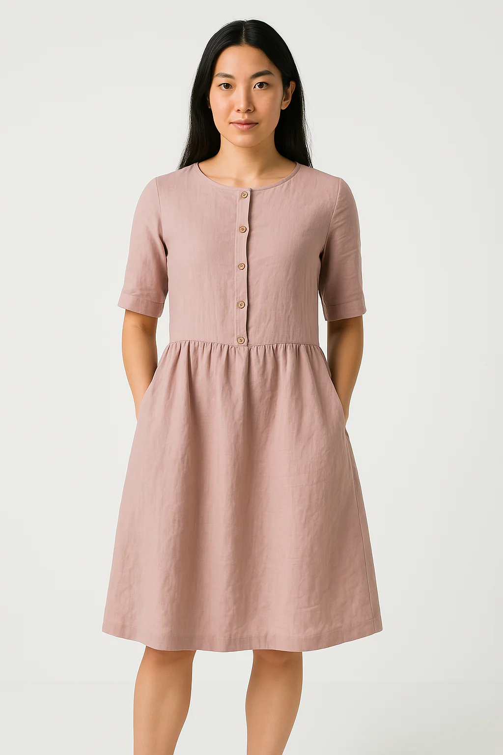 Women's Midi Dress – Relaxed Fit – Breathable Fabric – Button Closure – With Pockets - Image 5