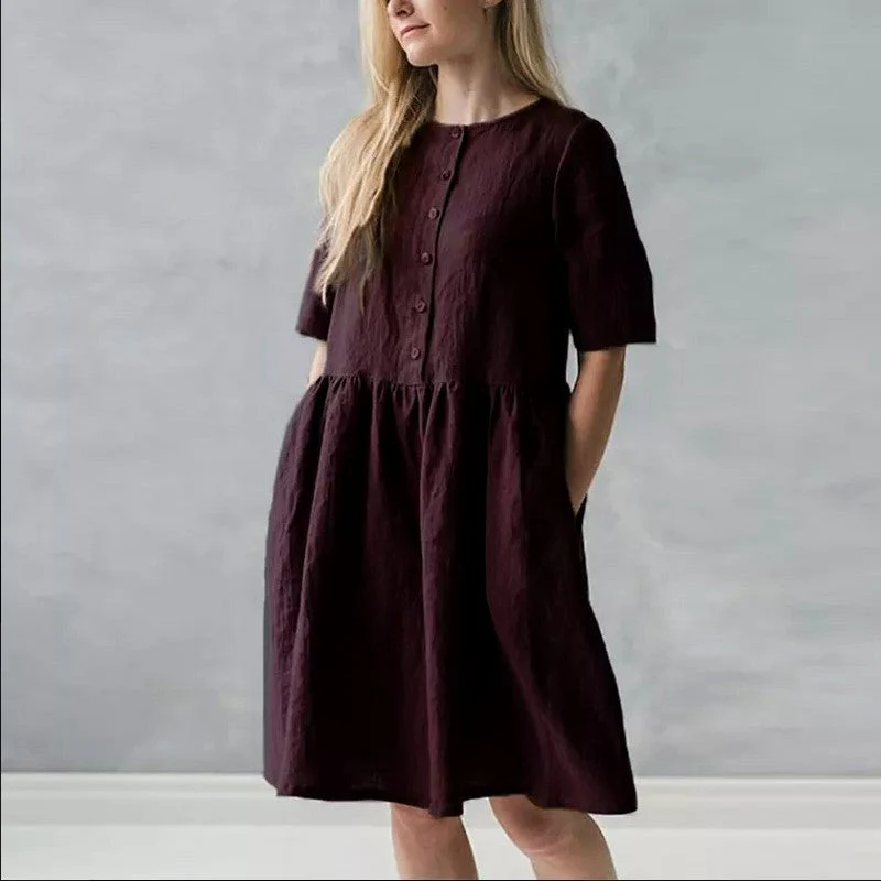 Women's Midi Dress – Relaxed Fit – Breathable Fabric – Button Closure – With Pockets - Image 8