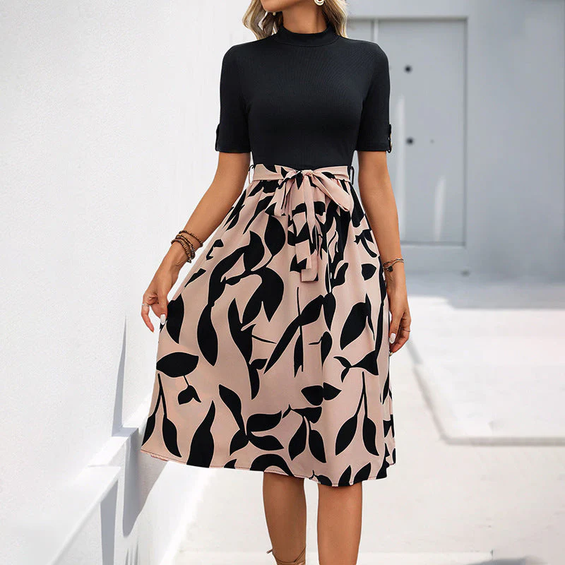 Ladies Midi Dress – Ribbed Knit Top – A-Line Skirt – Short Sleeves – Bow Detail - Image 2