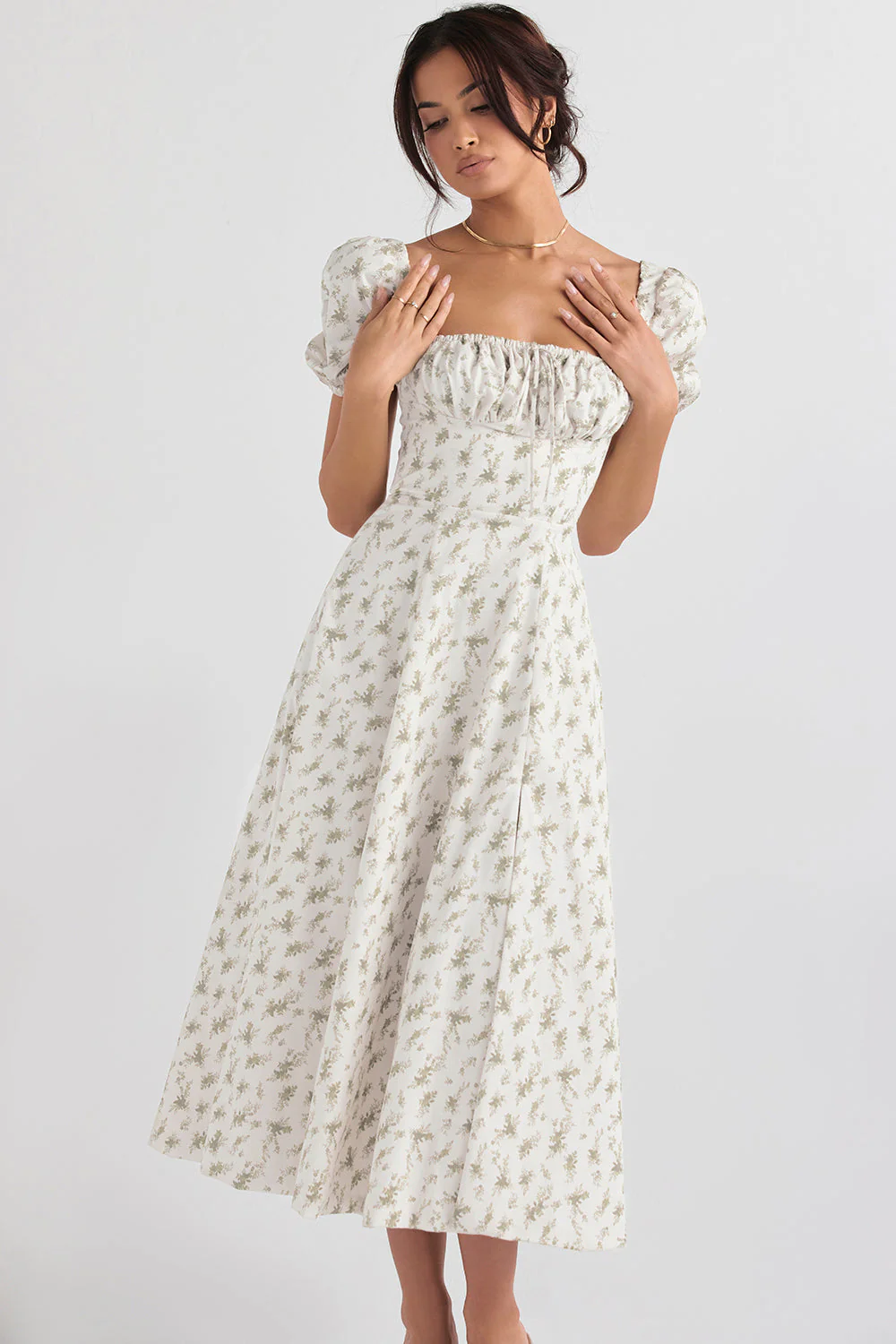 Ladies Midi Dress – Ruched Top – Puff Sleeves – A-Line – Breathable Fabric – Square Neck - Image 2