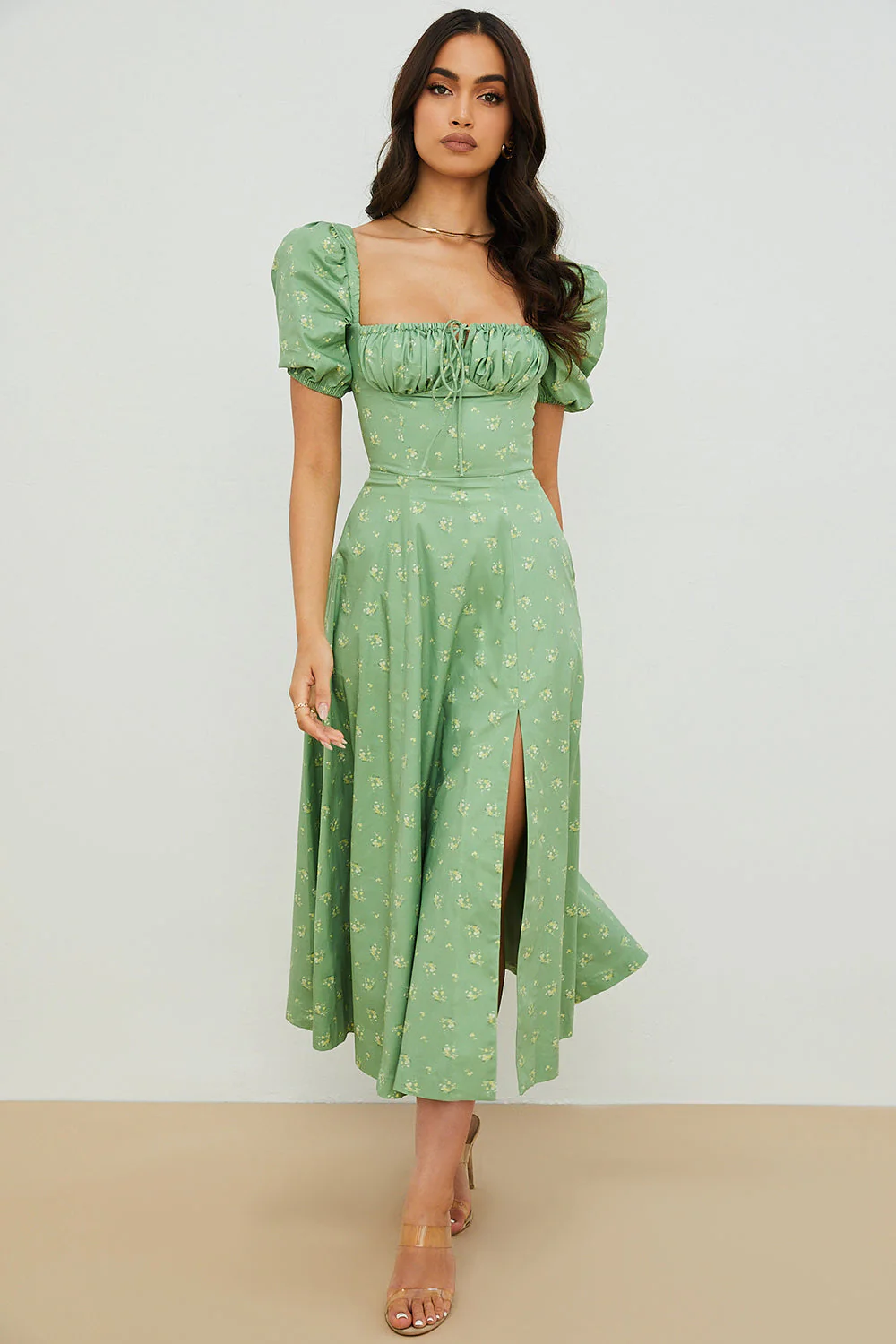 Ladies Midi Dress – Ruched Top – Puff Sleeves – A-Line – Breathable Fabric – Square Neck - Image 3