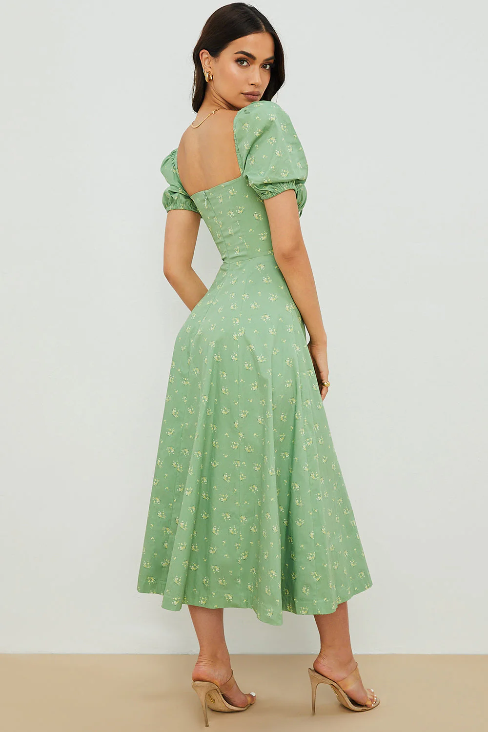 Ladies Midi Dress – Ruched Top – Puff Sleeves – A-Line – Breathable Fabric – Square Neck - Image 4